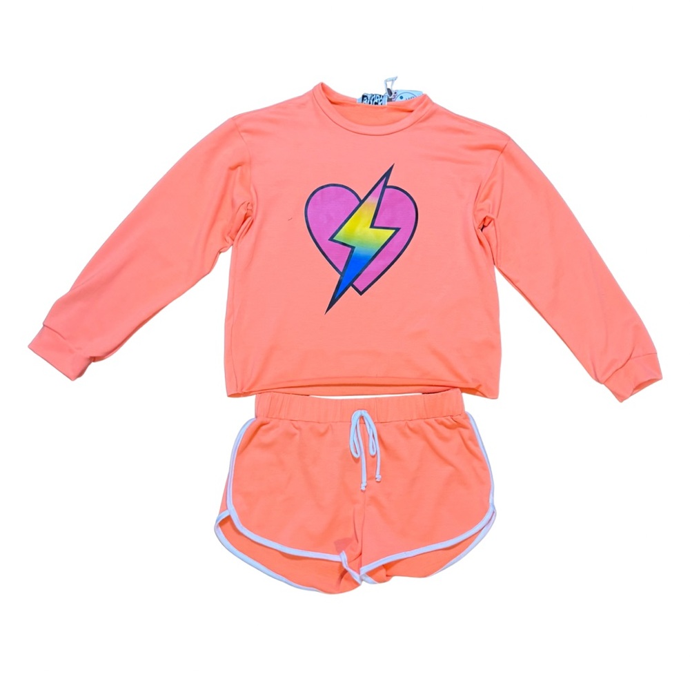 Rock Candy Neon Orange heart bolt sweatshirt and short set girls size large NWT